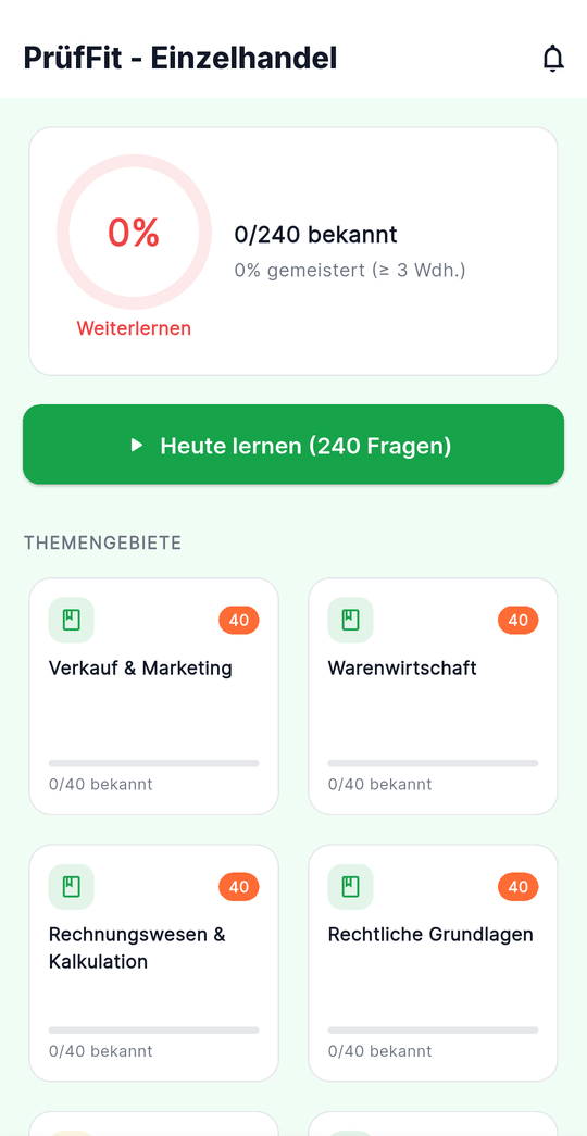 Startseite der App mit Lernfortschritt und Themengebieten